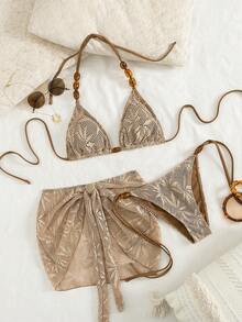Swim Vcay 3pcs/Set Summer Vacation Sexy Pearl Halter Backless Triangle Bikini Set With Drawstring And Tie-Up Mini Skirt - Brown - View 1