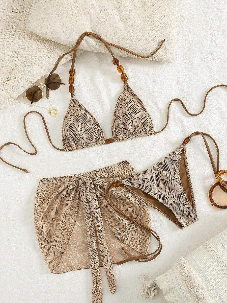 Swim Vcay 3pcs/Set Summer Vacation Sexy Pearl Halter Backless Triangle Bikini Set With Drawstring And Tie-Up Mini Skirt - Brown - View 1