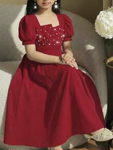 SHEIN Vestido de punto de manga corta con cuello cuadrado, mangas abullonadas, cintura ceñida y cuentas para niñas preadolescentes, vestido rojo para fiesta y uso diario - Rojo - Ver 2