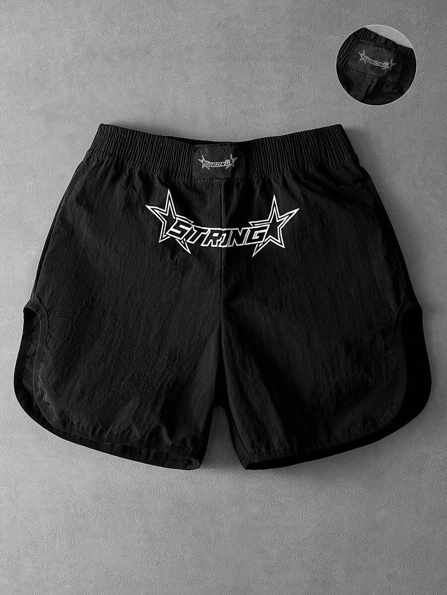 Manfinity Roghcode Men's Letter Print Boxing Shorts, Side Slit Sports Shorts, Fitness Shorts Black Graphic Shorts Gym Shorts Running Shorts Black Shorts - Black - View 1