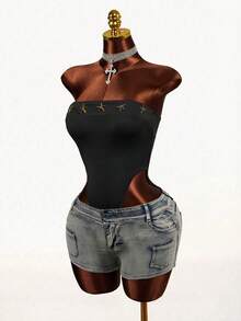 Mistrie Black Summer Strapless Tube Top Bodysuit,Metal Star Decor Rivets,Non-Slip Shoulder Cutout Club Pool Party Punk Street Style Fitted Knit Fabric - Black - View 4