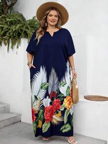 SHEIN CURVE+ Váy Kaftan dệt màu xanh hải quân thanh lịch, cỡ US22, thích hợp cho lễ hội âm nhạc, kỳ nghỉ bên bờ biển, phong cách Bohemia, mùa xuân hè và thu đông. - Màu xanh hải quân - Xem 7