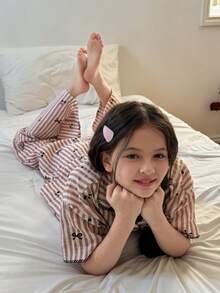 DAZY Tween Girl Bow & Striped Print Short Sleeve Top And Pants Pajama Set Summer - Pink - View 8