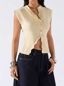 LYSMO 2026新款极简主义春夏女式休闲纯色波浪下摆针织开衫，适合毕业季、返校季、教师节、返校休闲装、春假外出等场合。 - 淡黃色 - 查看 4