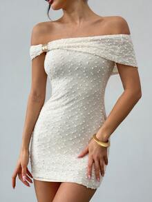 Firerie 女士优雅简约浪漫假日派对婚礼宾客伴娘生日聚会约会度假海滩露肩金属装饰针织纹理修身迷你连衣裙，杏色 - 杏色 - 查看 8