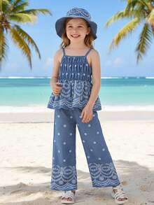 Young Girl Summer Casual Floral Print Ruffle Hem Camisole And Pants Set - Blue - View 1