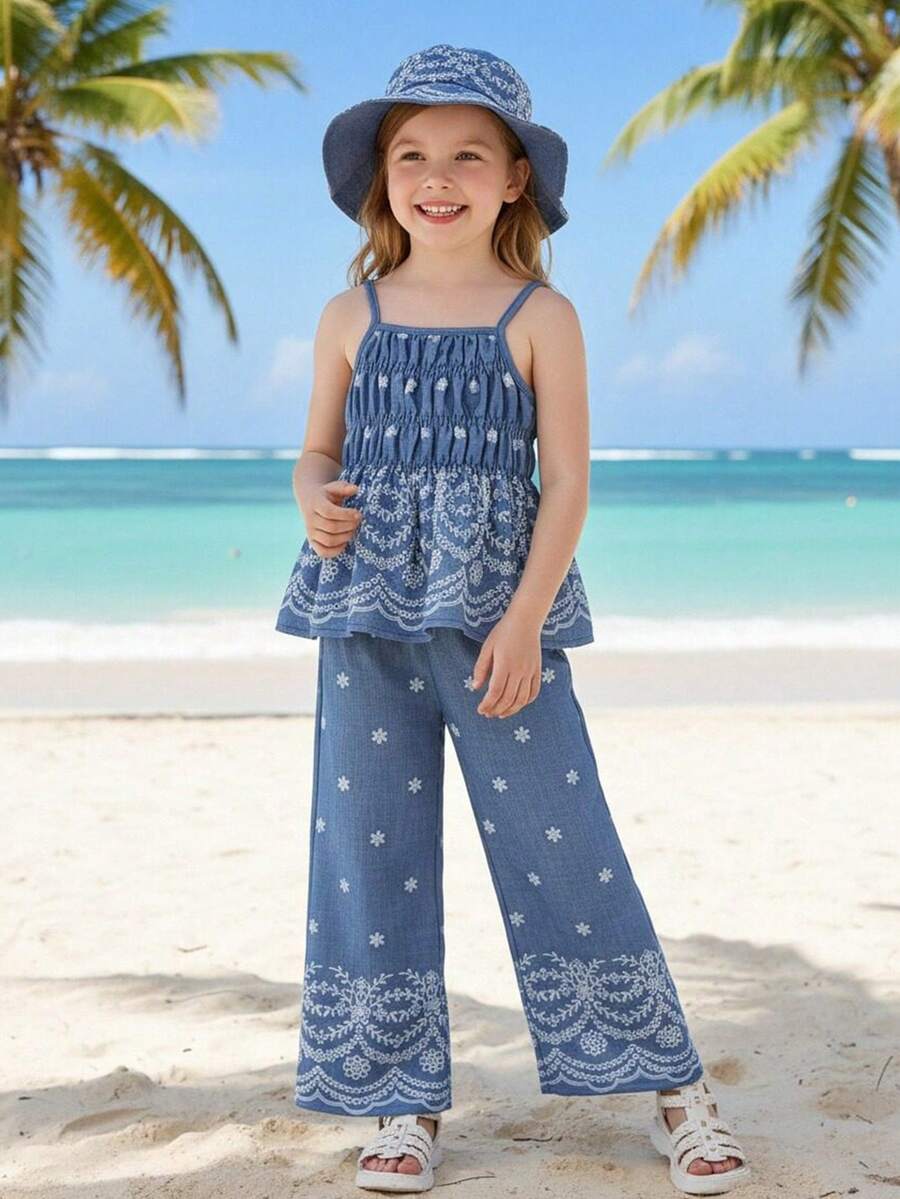 Young Girl Summer Casual Floral Print Ruffle Hem Camisole And Pants Set - Blue - View 1
