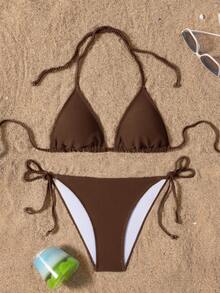 Swim Basics 2025 Solid Color Halter Twist Back Split Bikini Swimwear Set - Brown - View 1