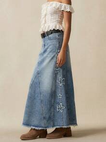 Bohemela 波西米亚风女士星形贴花长裙，波西米亚度假裙，夏季节日裙，春夏度假长裙，节日裙，星形元素 - 藍色 - 查看 3