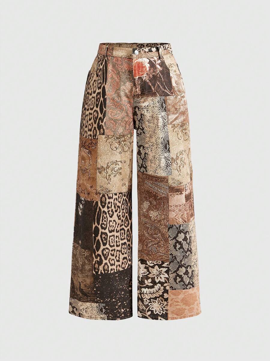 Plus Size Retro Y2K Sexy Animal Print Hippie Pattern Slim Straight Leg Women Jeans - Brown - View 1