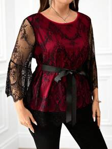 Miaspire 大码女式优雅黑色蕾丝喇叭袖上衣秋季女装 - 酒紅色 - 查看 3