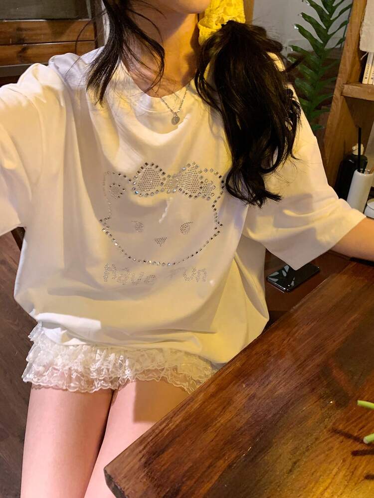Women's Round Neck Cartoon Rhinestone Embellished Loose Casual Short Sleeve T-Shirt Oversized