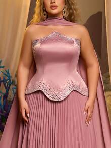 Glamrae Plus Size Elegant Lavender Dusty Pink Summer Evening Formal Prom Maxi Dress, Asymmetric Beaded Bustier Pleated A-Line Skirt, Detachable Halter, Wedding - Dusty Pink - View 7