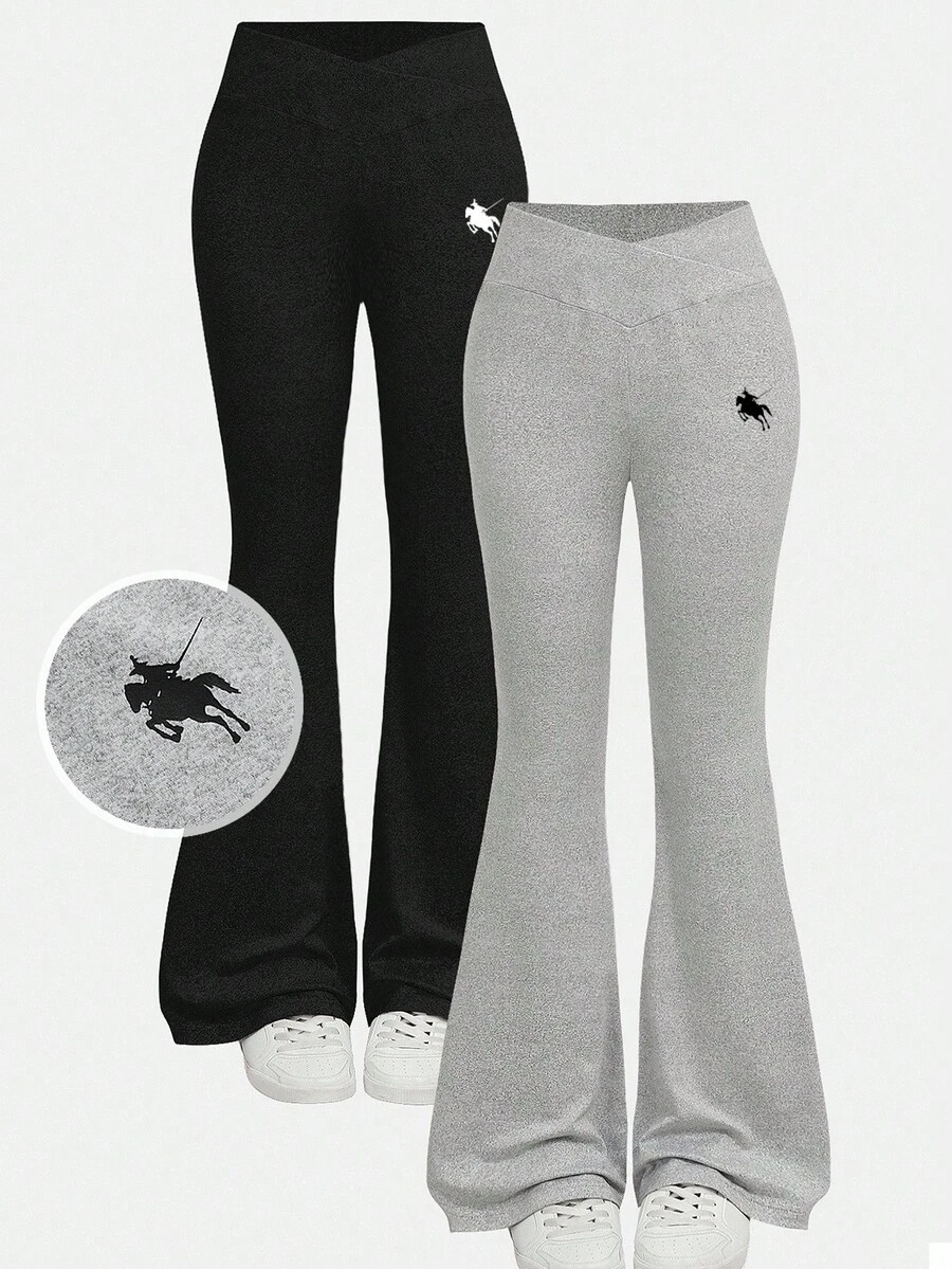 SHEIN 2件套少女黑色和浅灰色交叉腰带小logo印花修身喇叭裤休闲打底裤，买一送一 - 黑色 - 查看 1