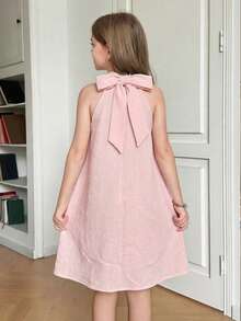 SHEIN Tween Girls Dusty Pink Summer Cute Elegant Party Dress,Halter Neck Bow Decor Backless A-Line Sleeveless Princess Style For Birthday,Wedding,Vacation - Pink - View 2