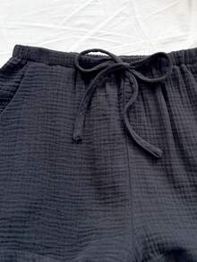 SHEIN WYWH 女士度假休闲宽松露背系带纹理面料A字吊带背心，弹性腰带休闲短裤带口袋，沙滩和海边 - 黑色 - 查看 4