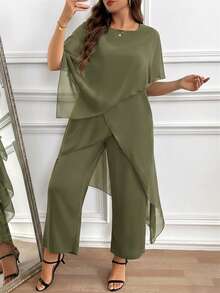 Reflora Plus Size Summer Elegant Solid Color Asymmetric Hem Top And Pants 2 Pieces Set - Army Green - View 4