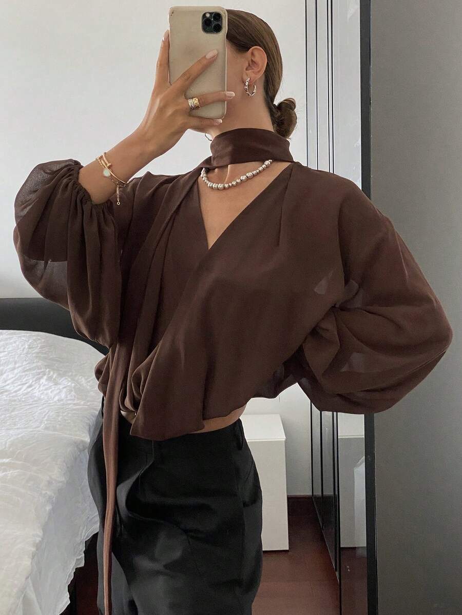 Dazy Tall Tall Women's V-Neck Waist Tie Design Elegant Blouse - Coffee Brown - View 1