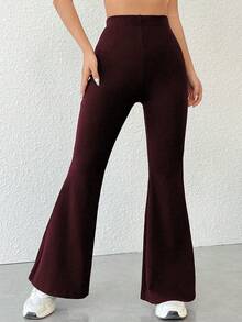 SHEIN PETITE 女士休闲运动日常通勤纯色高腰提臀喇叭裤阔腿裤女士高腰阔腿紧身裤女士高个子长裤女士喇叭打底裤阔腿瑜伽裤 - 酒紅色 - 查看 5