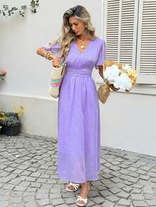 SHEIN LUNE Women's Casual Shirred Purple Pullover Dress Summer Dresses For Women Summer Outfits For Women Spring Outfit Women Beach Dresses For Women Vacation Outfits Women Summer Holiday Outfits  Casual Dresses For Women Cruise Outfit For Women Sun Dresses For Women Resort Wear Women Purple Dresses For Women Lavender Dress Women Lilac Dress Women Pastel Purple Dress Purple Summer Dress Violet Dress - Purple - View 6
