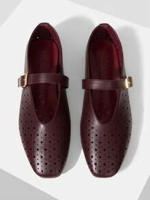 MOTF PREMIUM WOMEN HOLLOW-OUT SQUARE TOE FLAT SHOES SPRING SHOES - Burgundy - View 2