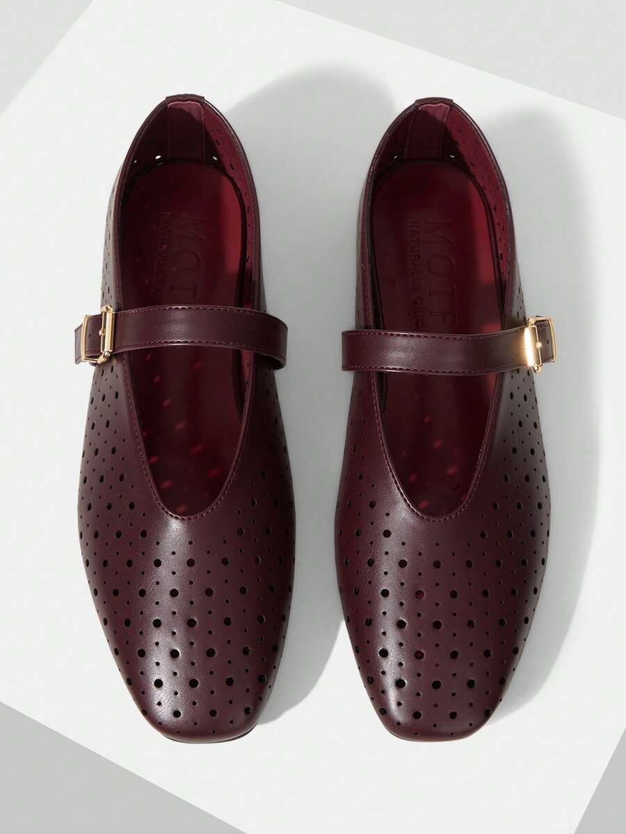 MOTF PREMIUM WOMEN HOLLOW-OUT SQUARE TOE FLAT SHOES SPRING SHOES - Burgundy - View 2