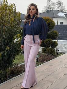 Jeta Ari Elegant High-Waisted Flared Double-Breasted Suit Pants For Women, Chic Urban Style, New Year's Outfit - Baby Pink - View 4
