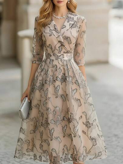 Balvessa Elegant Leaf Pattern Long Formal Dress For Women, Spring/Autumn