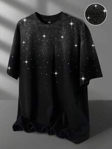 SLATEMANN 男士休闲时尚街头日常通勤字母星形刺绣渐变水洗水钻T恤，夏季 - 黑色 - 查看 4