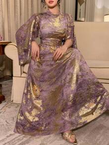 DAZY Robe cape contrastée violet brillant et or, élégante pour la Saint-Valentin, le mariage, les fêtes, les banquets et les événements de mode. Caractéristiques : manches chauve-souris, ourlet à volants, imprimé floral, robe longue d'été - Doré - Voir 8