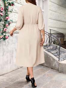 Vestido midi con cuello en V, hombros regulares, mangas abullonadas y diseño para disimular el abdomen, talla - Rosa Fucsia - Ver 8