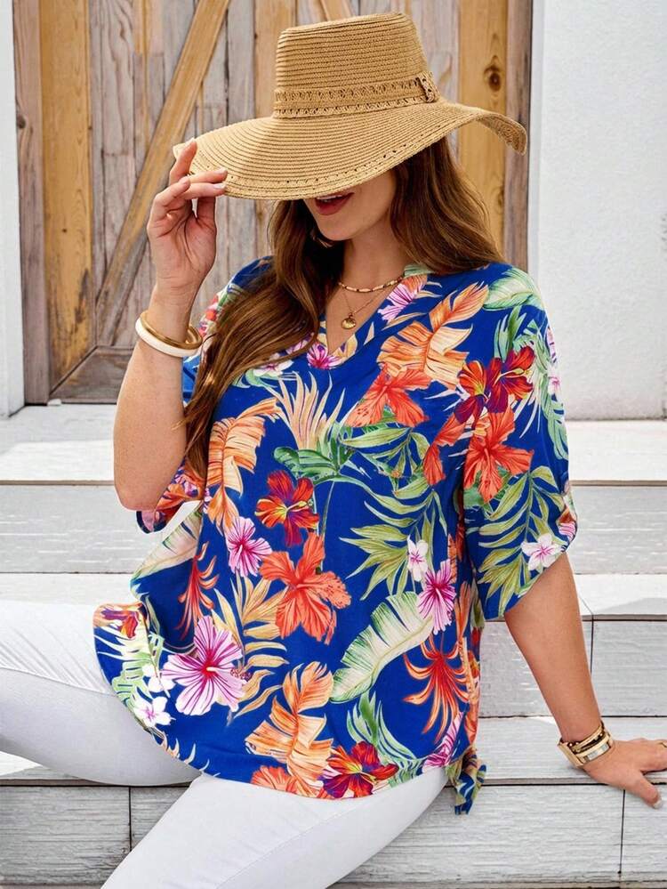 Plus Size Women Summer Casual Printed 3/4 Sleeve Shirt Women Blouses Summer Beach Shirts For Women Hawaiian Shirt Women Tropical Tops, Going Out Tops Plus Size Summer Shirt