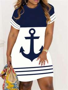 SHEIN LUNE Đầm midi bodycon cổ tròn tay ngắn thường ngày Anchor Ocean Beach cỡ lớn cho nữ - Nhiều màu - Xem 1