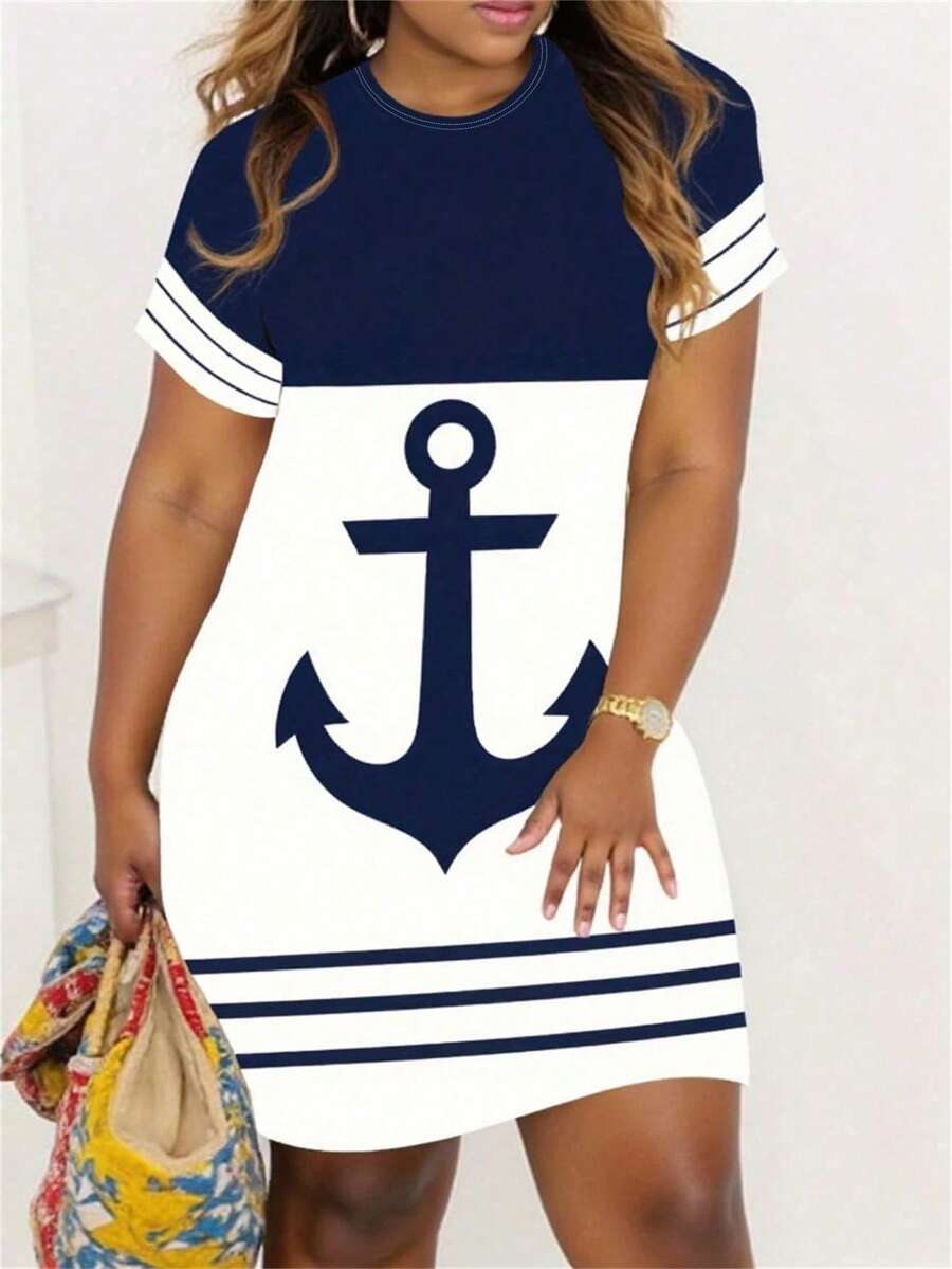 SHEIN LUNE Đầm midi bodycon cổ tròn tay ngắn thường ngày Anchor Ocean Beach cỡ lớn cho nữ - Nhiều màu - Xem 1