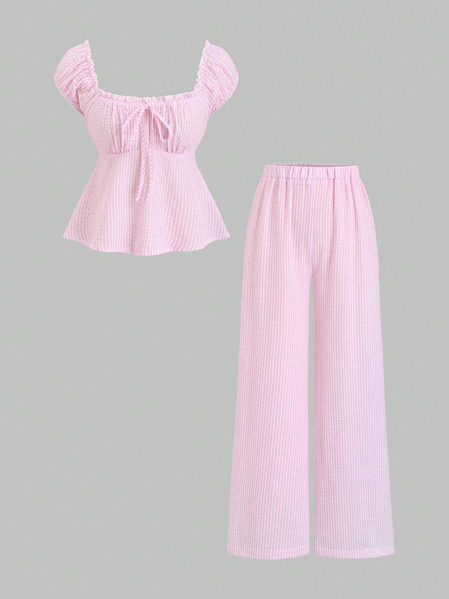 Sweetra 春夏时尚套装，法式甜美花瓣袖条纹衬衫和宽松直筒裤，女士两件套 - 粉色 - 查看 1