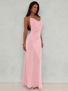 Aloruh 女士性感优雅深V领露背串珠链条装饰修身超长连衣裙，浅黄色 - 淺粉色 - 查看 3