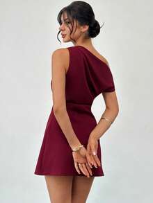Firerie Women's Elegant Minimalist Pleated A-Line Mini Dress, Burgundy Asymmetric Shoulder, Suitable For Daily Commute, Wedding, Party, Music Festival, Vacation, Spring/Summer - Burgundy - View 2