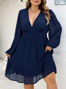 SHEIN CURVE+ Vestido con mangas de farol y volantes en el bajo para tallas grandes/Día de San Valentín - Azul - Ver 5