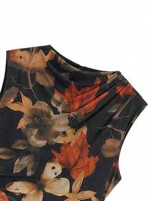 Ellevyn Women's Elegant Floral Print Halter Neck Sleeveless Ruched Fitted Mid-Length Dress, Vacation Style - Multicolor - View 6