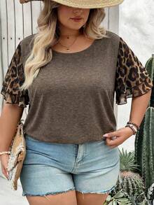 SHEIN CURVE+ 加大码女式情人节豹纹拼接褶皱袖休闲T恤上衣，Curve Plus，Hoho Vacation - 棕色 - 查看 4
