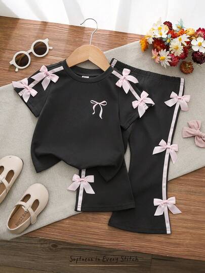 Cozy Pixies 2pcs Baby Girl Bow Decor Round Neck Short Sleeve Top And Elastic Waist Pants Set