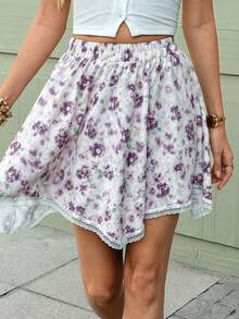 SHEIN Frenchy Chân váy ngắn nữ kiểu dáng thường ngày, họa tiết hoa, phối ren, thích hợp cho mùa hè. - Nhiều màu - Xem 9