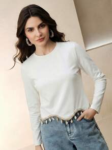 Anewsta Áo thun tay raglan cổ thuyền thiết kế bất đối xứng thanh lịch với tua rua hình cầu, thích hợp cho mùa xuân/hè, lễ hội, tốt nghiệp, trang nhã, ngày lễ, thường ngày. - trắng - Xem 5