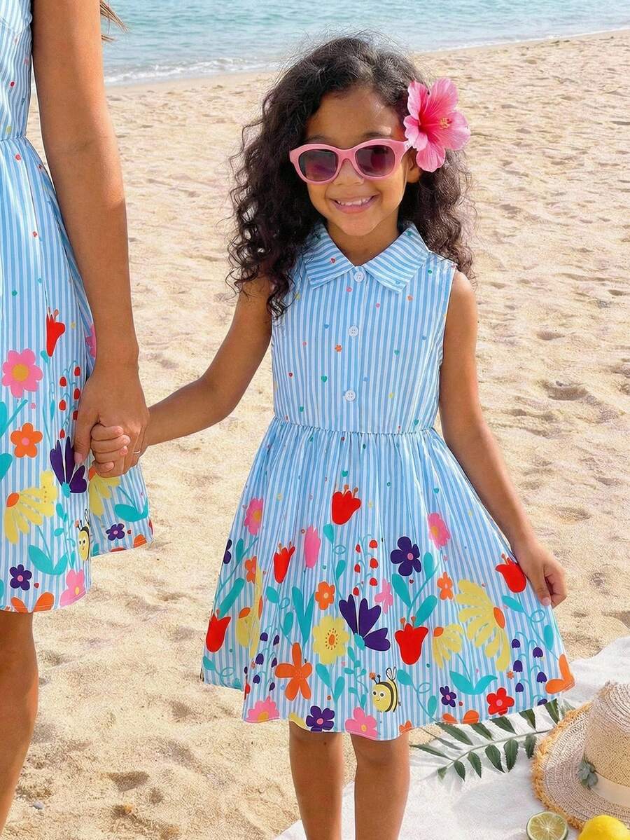 SHEIN 女童休闲条纹碎花无袖梭织连衣裙 - 藍色 - 查看 1