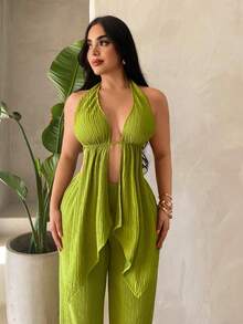 SHEIN SXY 女款橄欖綠兩件套，掛脖露背荷葉邊上衣與寬腿褲，夏季休閒海灘度假度假穿搭，大尺碼 - 橄欖綠 - 查看 7