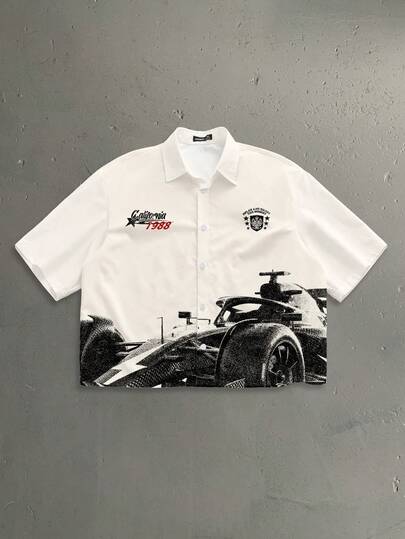 StoneGrade חולצה קצרה וקצוצה עם הדפס צללית של מכונית מרוצי F1, אופנת רחוב לדייטים ומפגשים, מתנה אידיאלית לחבר