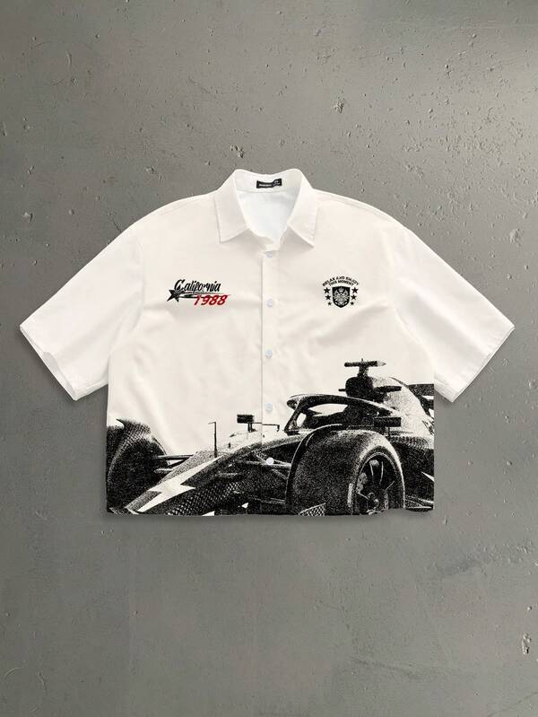 StoneGrade Camiseta holgada de manga corta con estampado de silueta de coche de carreras F1, ropa de calle de moda para citas y reuniones, regalo ideal para el novio