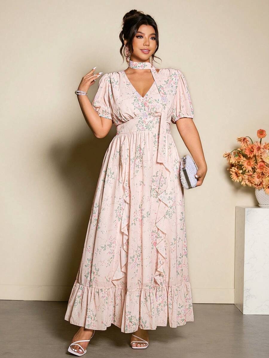 Cravure Plus Size Women's Floral Print Chiffon V-Neck Ruffle Puff Sleeve Maxi Dress Elegant Lady Outdoor Wear Vacation Pink Floral Summer - Pink - View 1