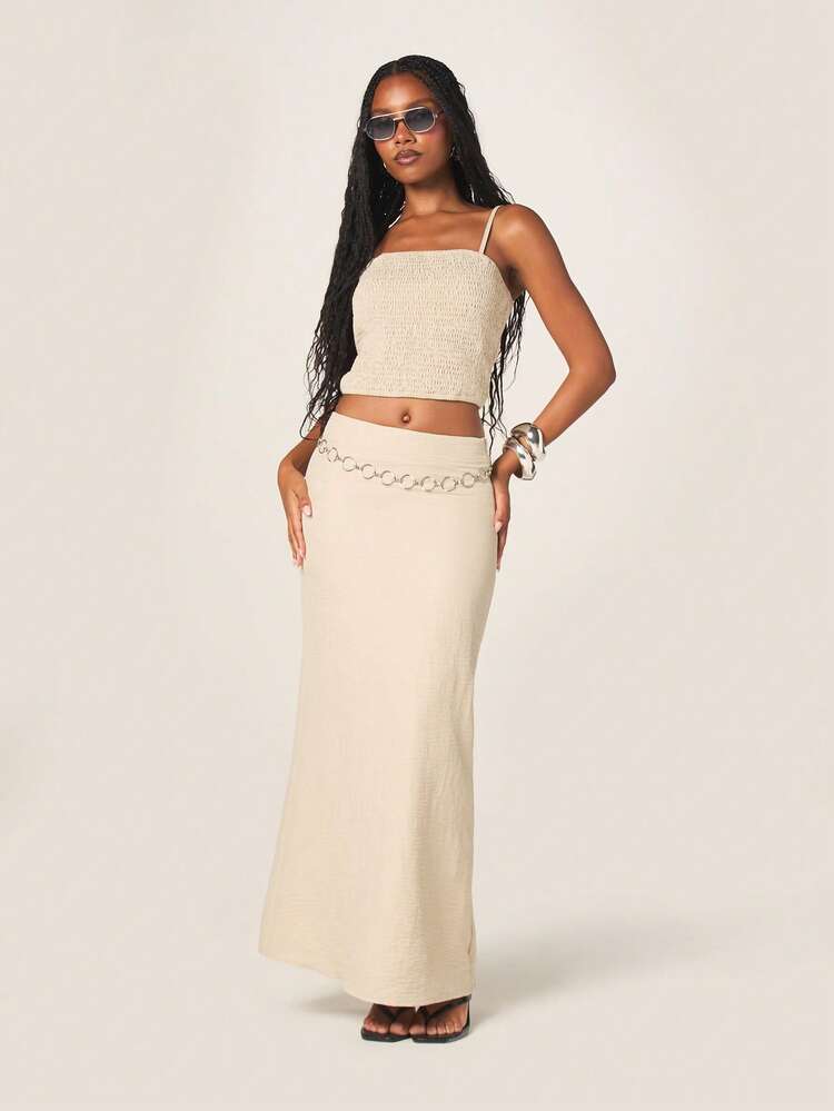 MISSGUIDED Ruched Bandeau Top With Chain Belt Detail And Matching Fitted Maxi Skirt Two Piece Coordinate Set