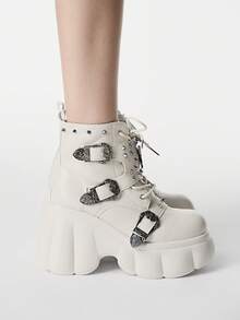ROMWE Grunge Punk Giày sandal cao gót nữ ~ Thời trang mới 2026 Thu Đông phong cách Punk màu be PU mũi tròn khóa đinh tán buộc dây phía trước nâng đỡ gót chân đa năng bốt cưỡi ngựa nữ bốt cổ ngắn nâng đỡ gót chân đế dày dáng muffin cỡ trung bình phong cách Y2K - Màu be - Xem 4